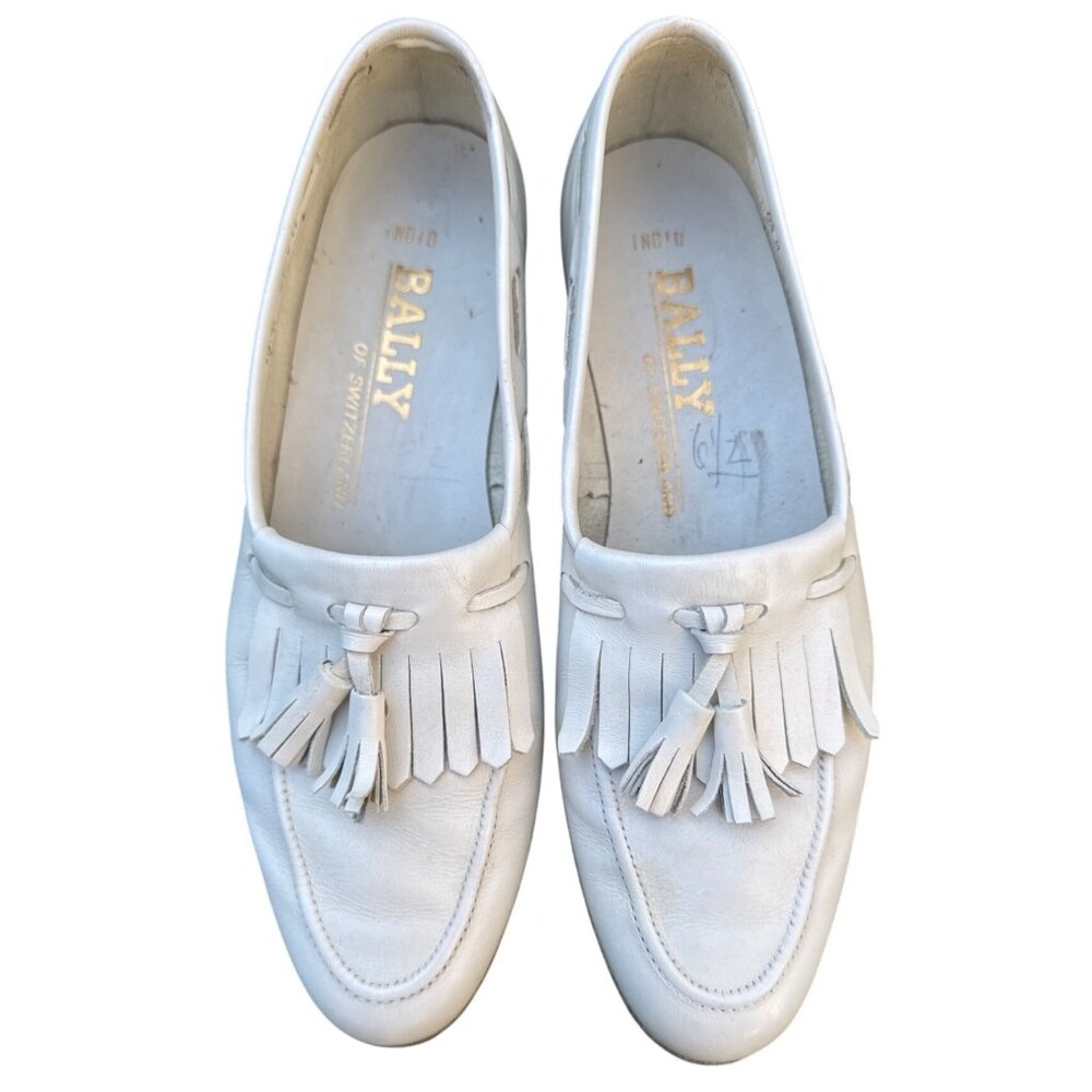 Vintage Bally Of Switzerland White Leather Tassel Loafers Mens Shoes Size 6.5 M